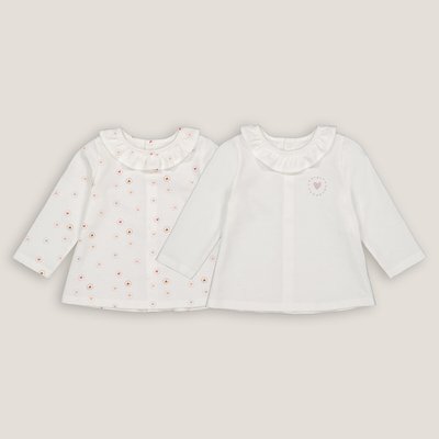 Pack of 2 T-Shirts in Heart Print Cotton, Ruffled Crew Neck and Long Sleeves LA REDOUTE COLLECTIONS