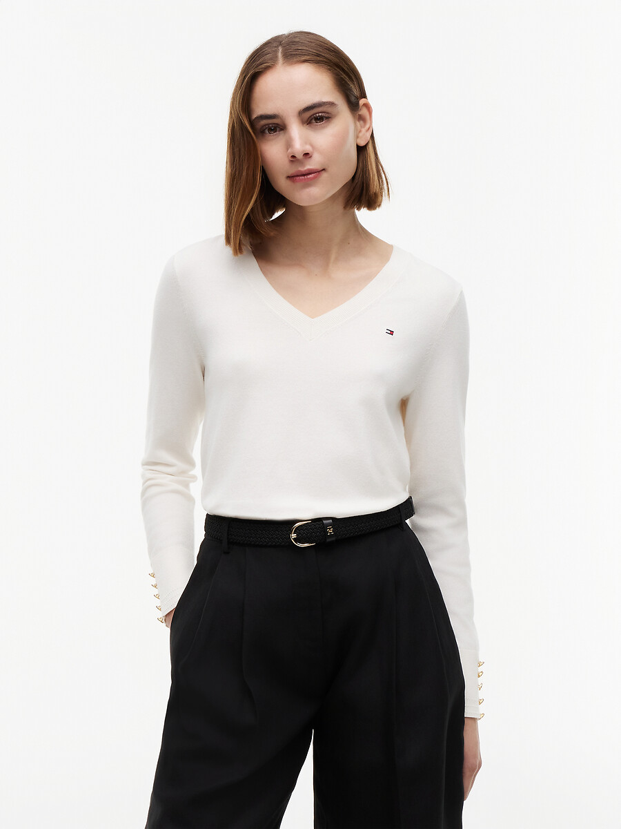 Pull col V à poignets boutonnés, TOMMY HILFIGER