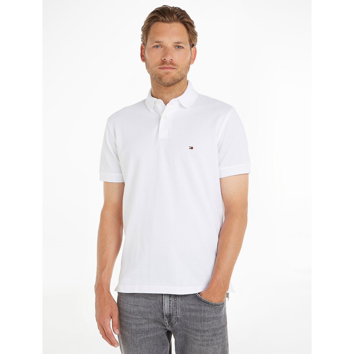 Polo droit stretch col 2 boutons, TOMMY HILFIGER