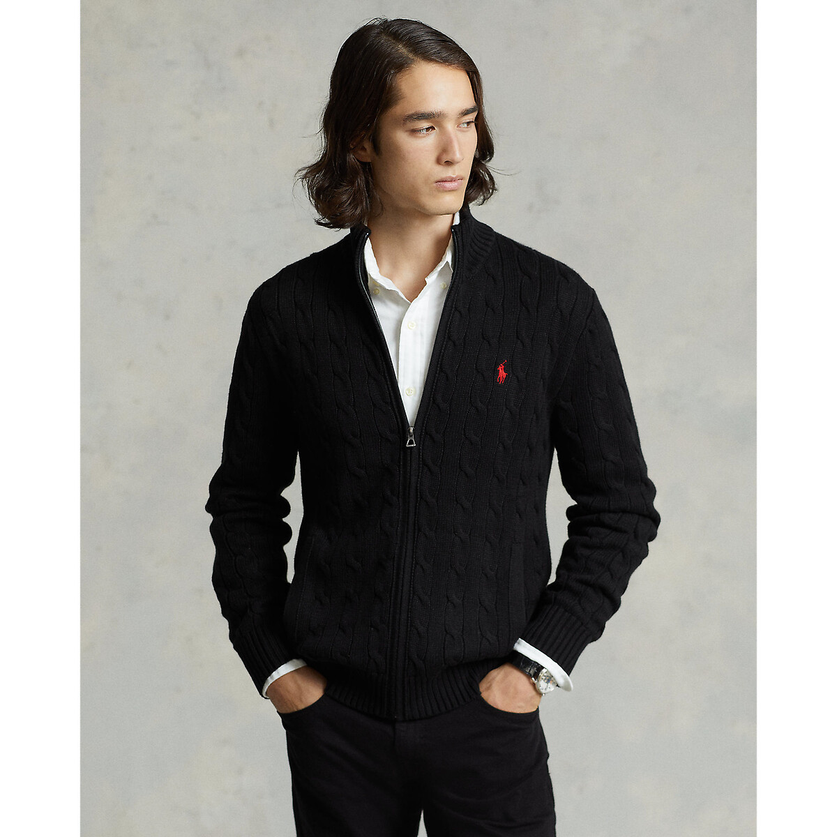 Cotton cable knit cardigan with zip fastening , black, Polo Ralph ...