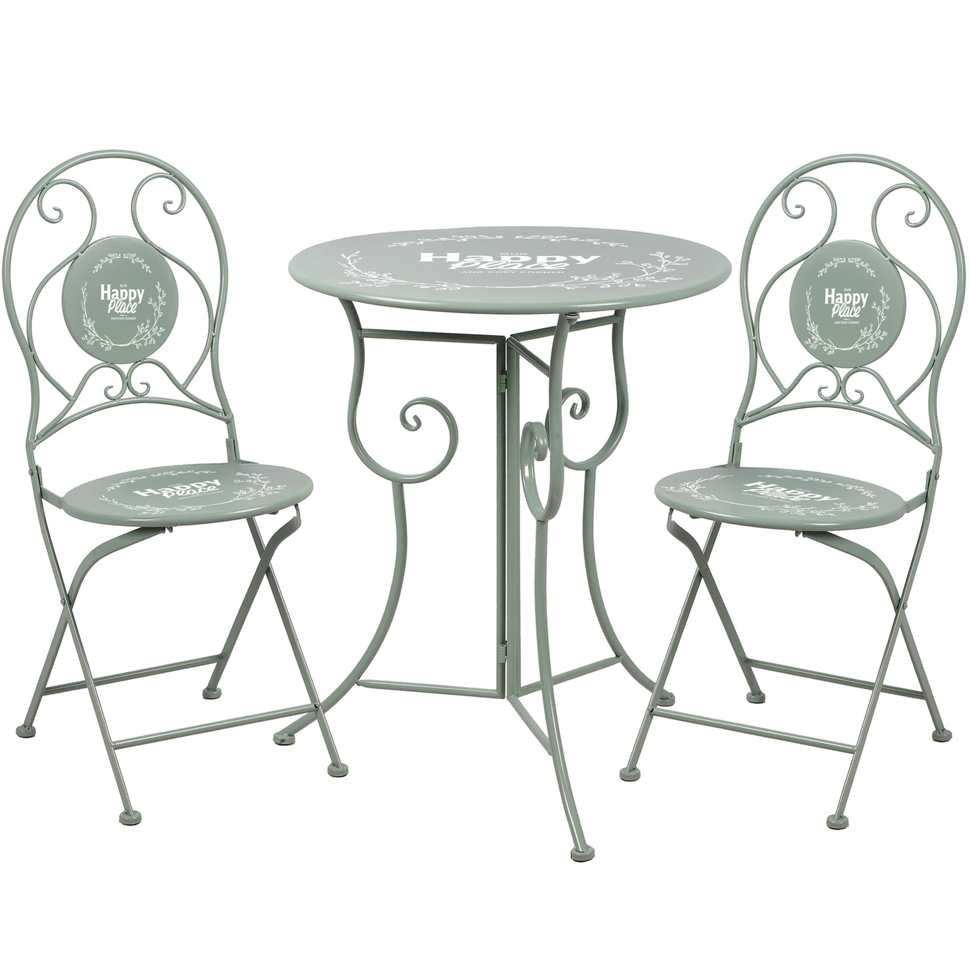 Set table + 2 chaises de jardin pliable en métal vert décoré, WADIGA