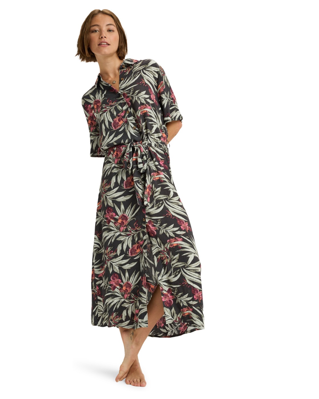 Robe midi à col et boutons sur le devant ISLAND ESCAPE PRINTED., ROXY