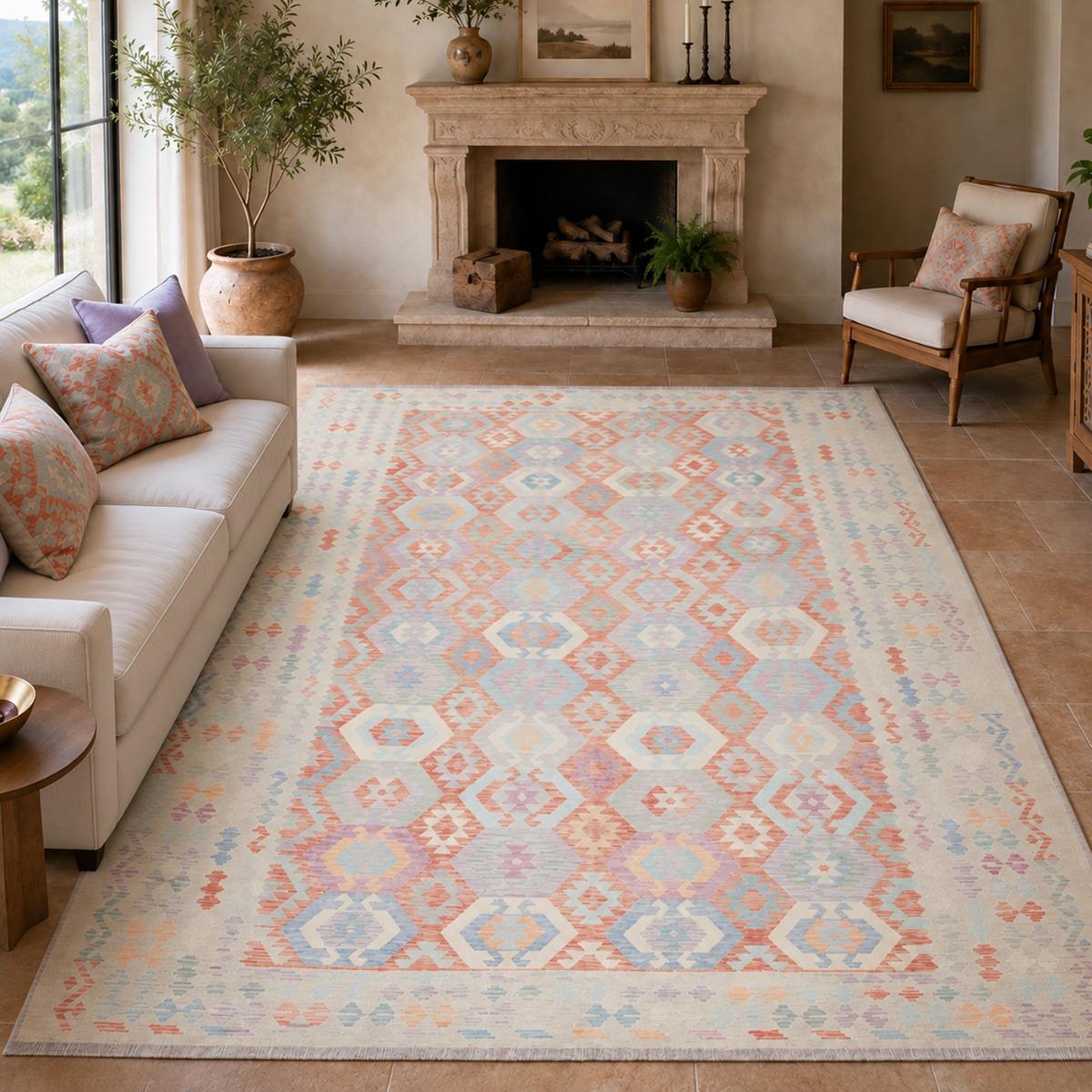 Tapis kilim géométrique, tissé plat en laine, KILIM 40, UN AMOUR DE TAPIS