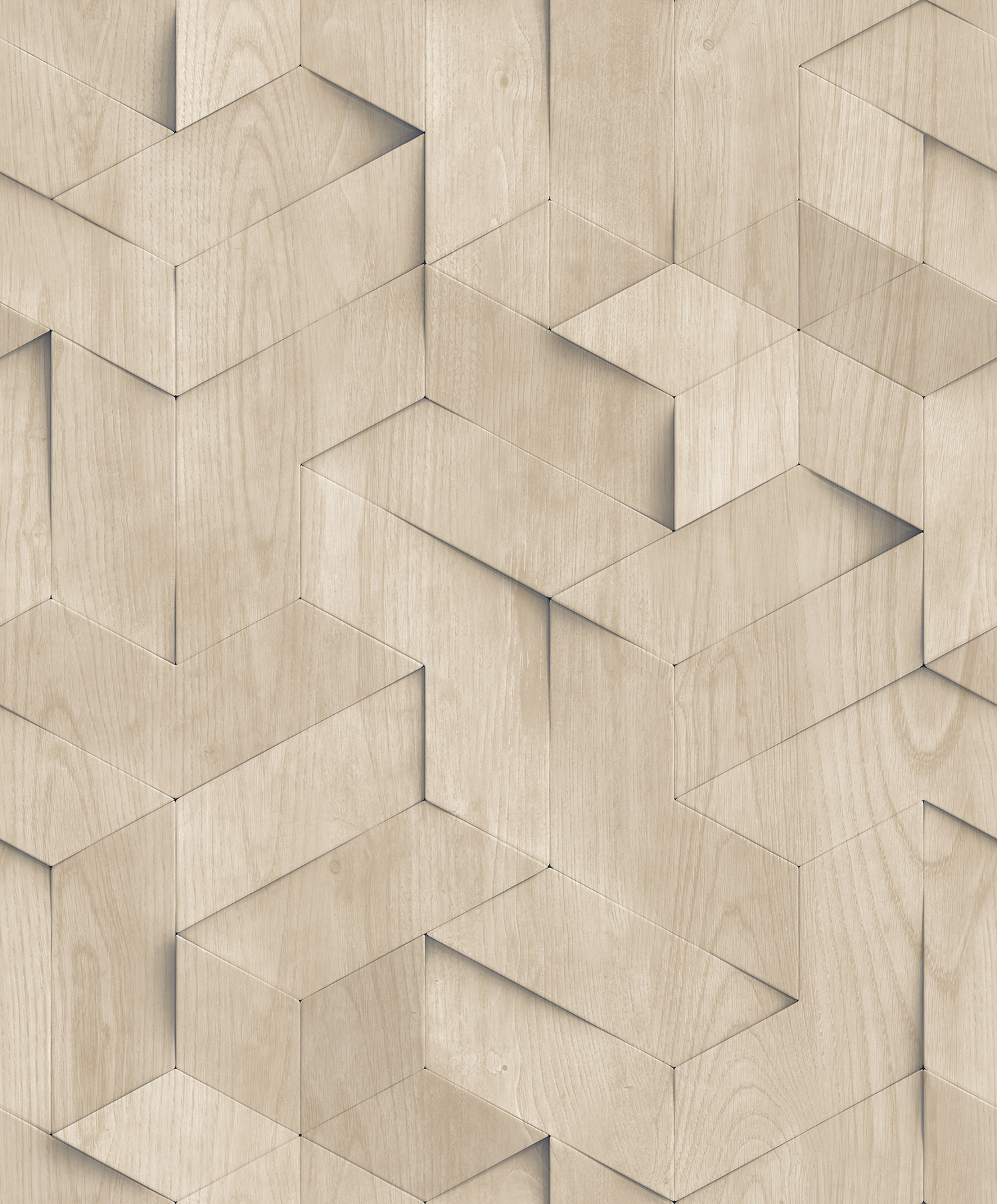 Papier peint géométrique 3D bois clair naturel, HEXOA