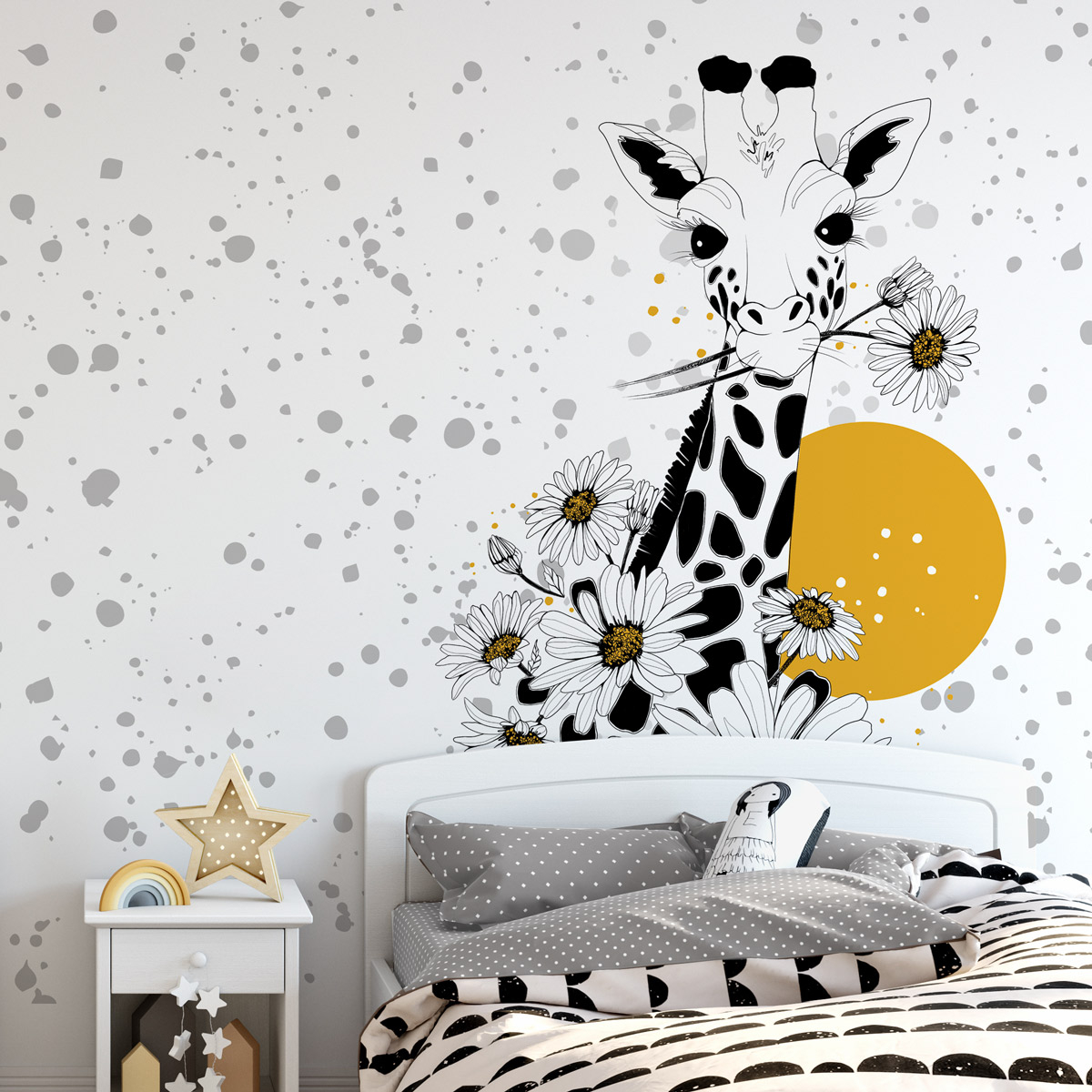 Papier peint panoramique Girafe et fleur, Noir et blanc 525 x 250cm, ACTE DECO