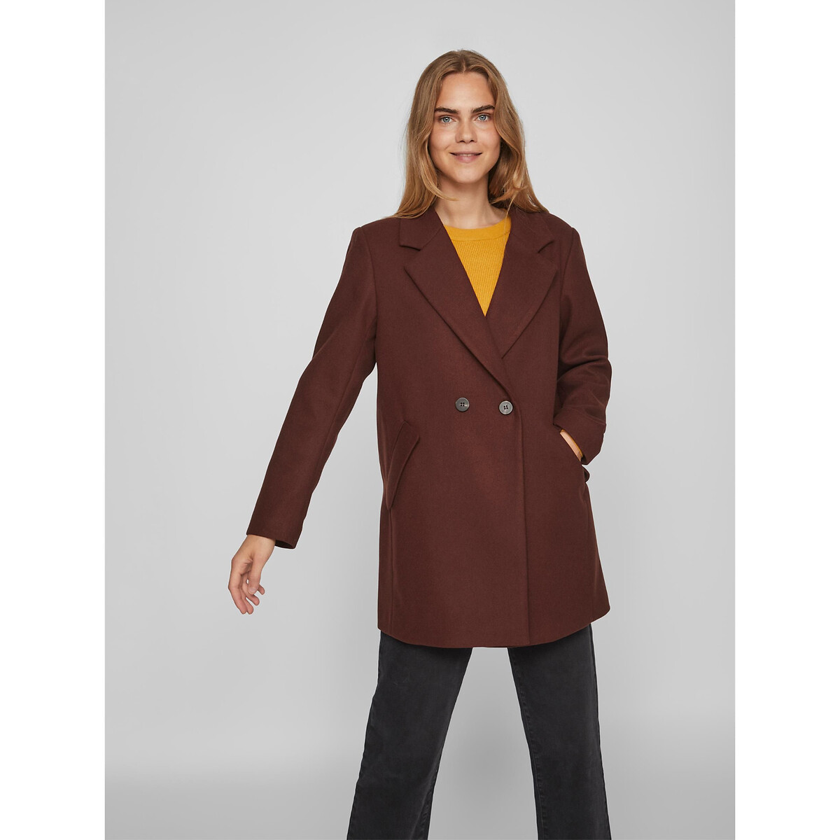 Image of Mid-Length Pea Coat with Button Fastening, Mid-Season