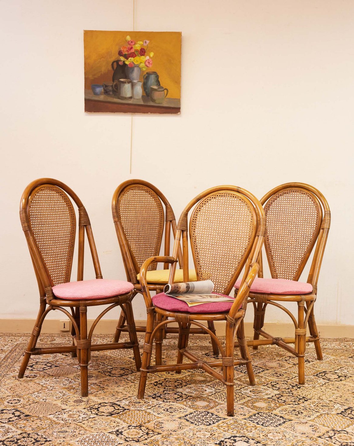 Lot de 3 chaises et 1 fauteuil en rotin Claude N°1584 - Bon état, DEBONGOUT