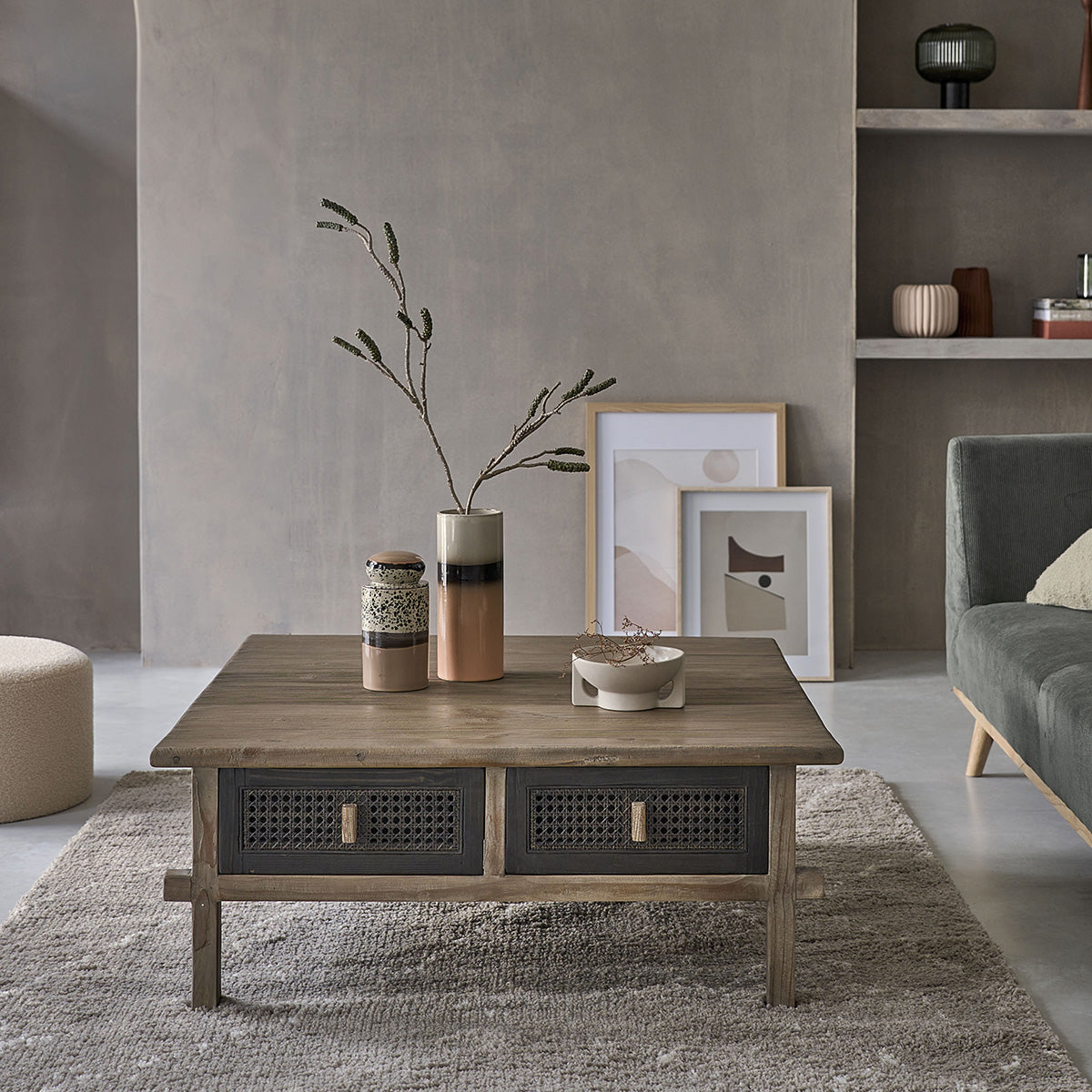 Table basse en bois recyclé massif 100 cm 2 tiroirs JUNKO, BERAH GETAH