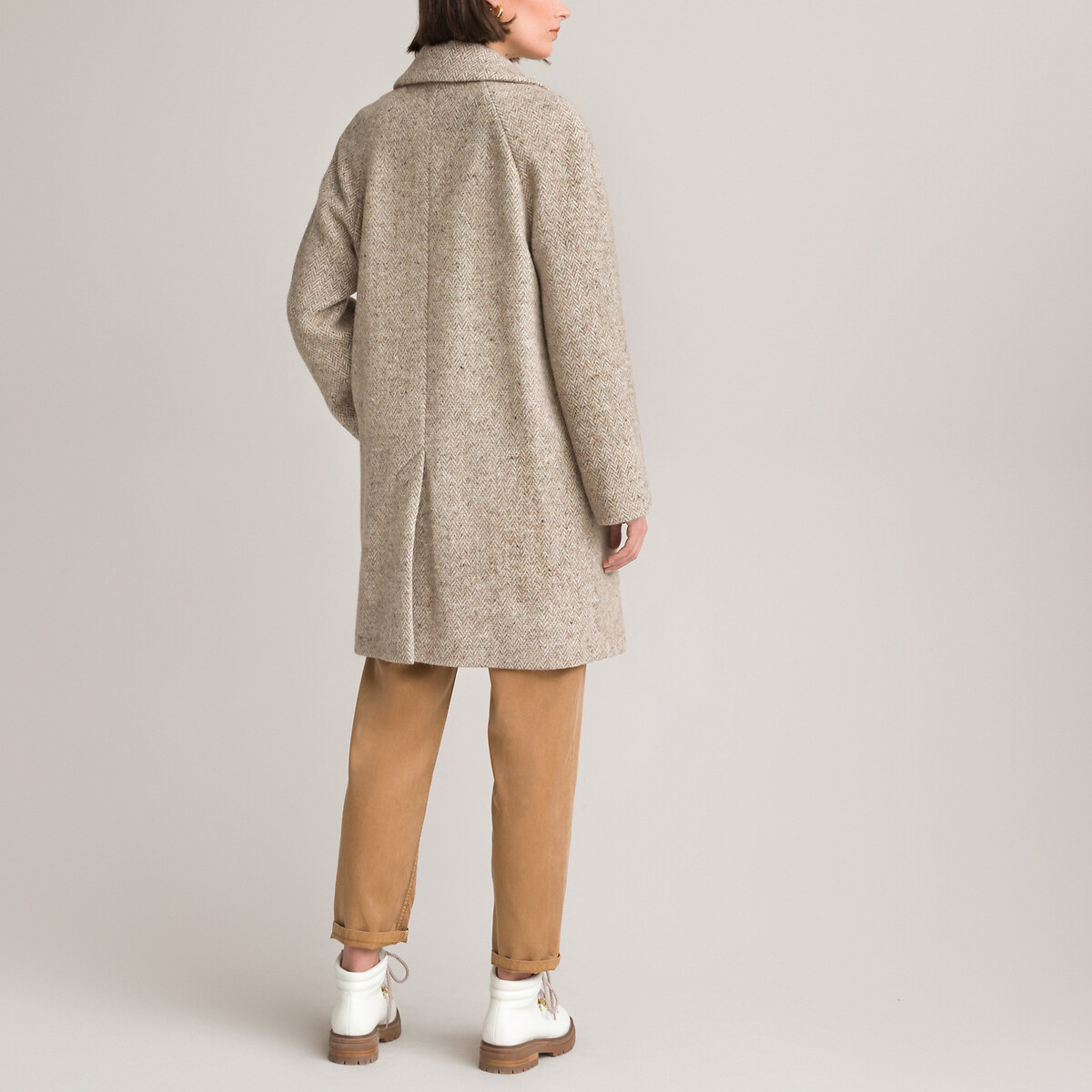 Mid Length Herringbone Coat Beige La Redoute Collections Mid Length Herringbone Coat Beige, Wool Herringbone Zip Front Trench Coat