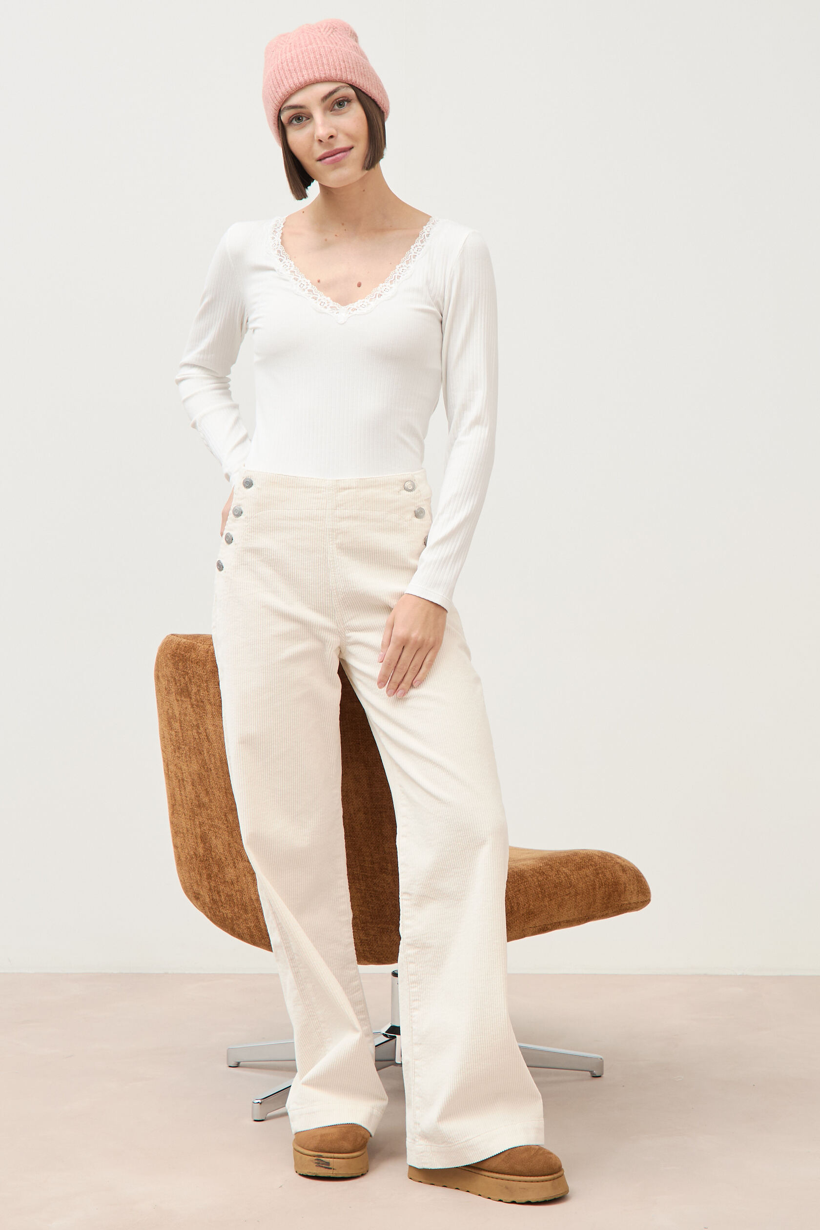 Pantalon large taille haute en velours, BONOBO