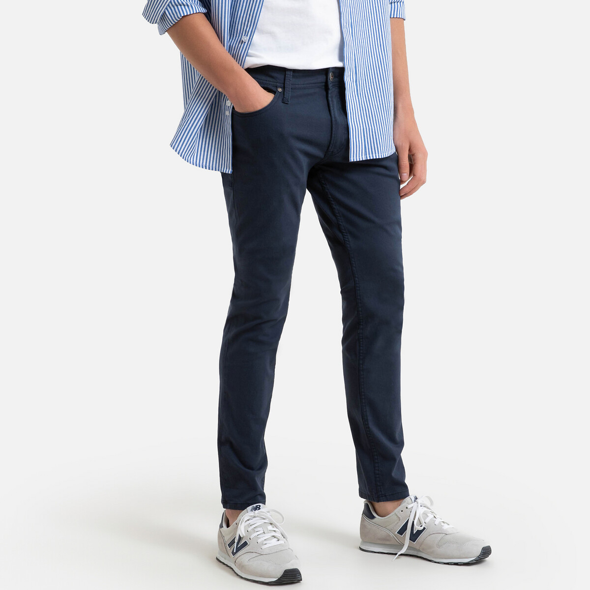 navy blue slim trousers