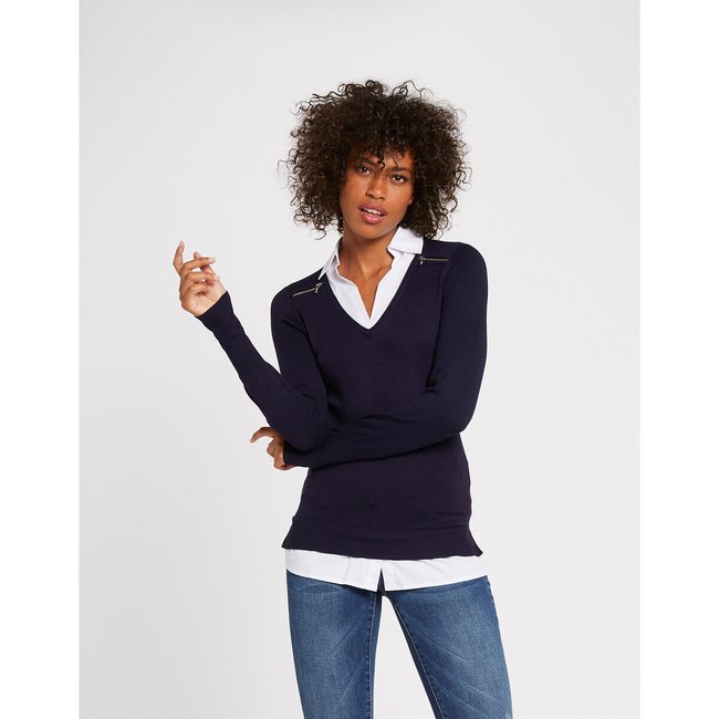 2-in-1 Jumper with Zipped Shoulders, navy/white, MORGAN