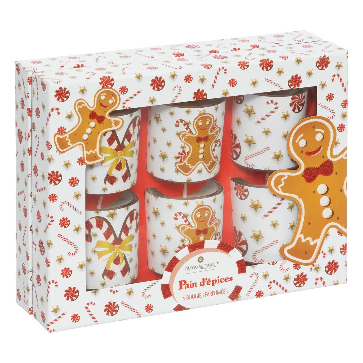 Lot de 6 bougies parfumées 40 gr avec pot verre imprimé pain d'épice, FEERIC LIGHTS & CHRISTMAS
