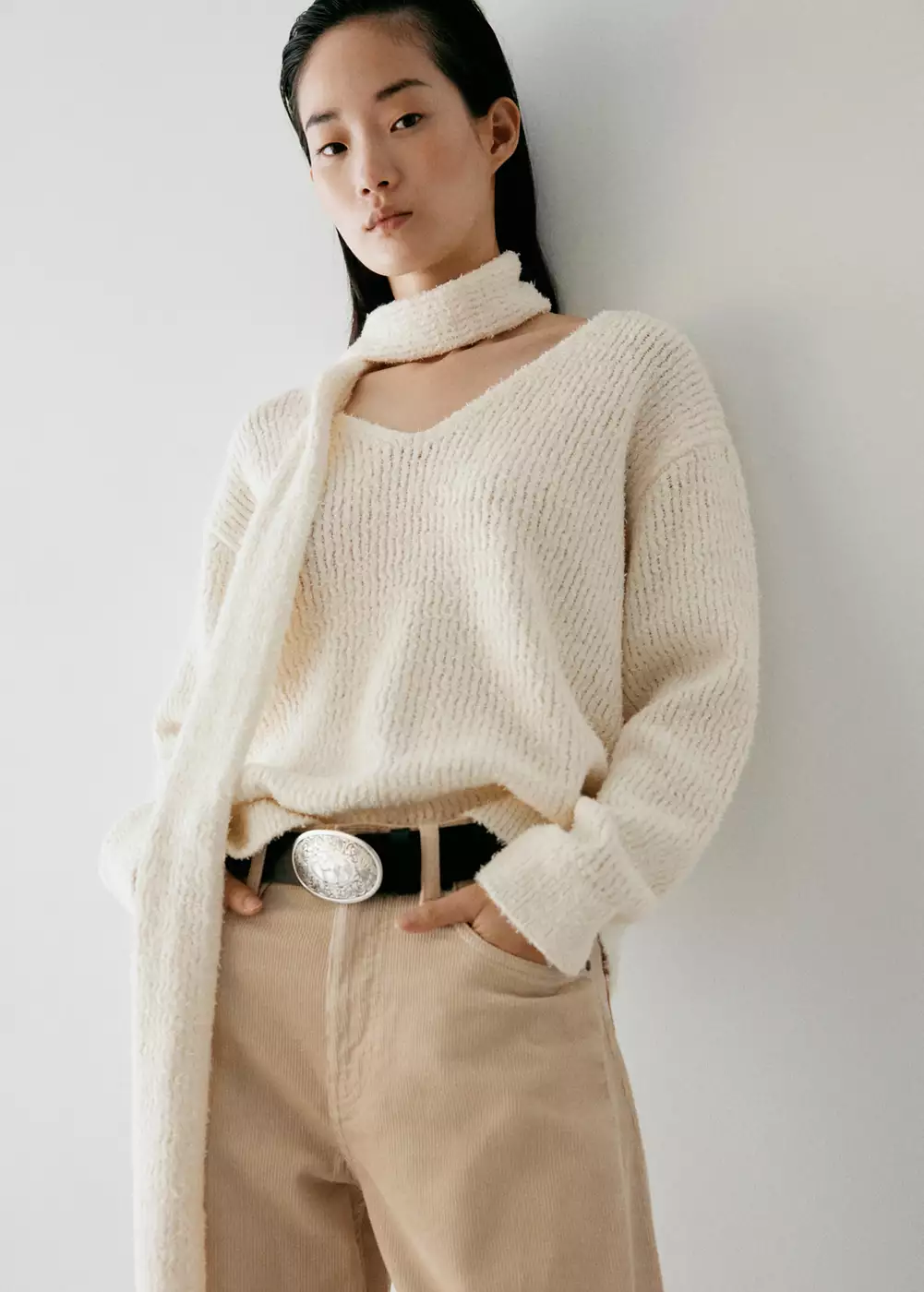 Pull col en V foulard, MANGO