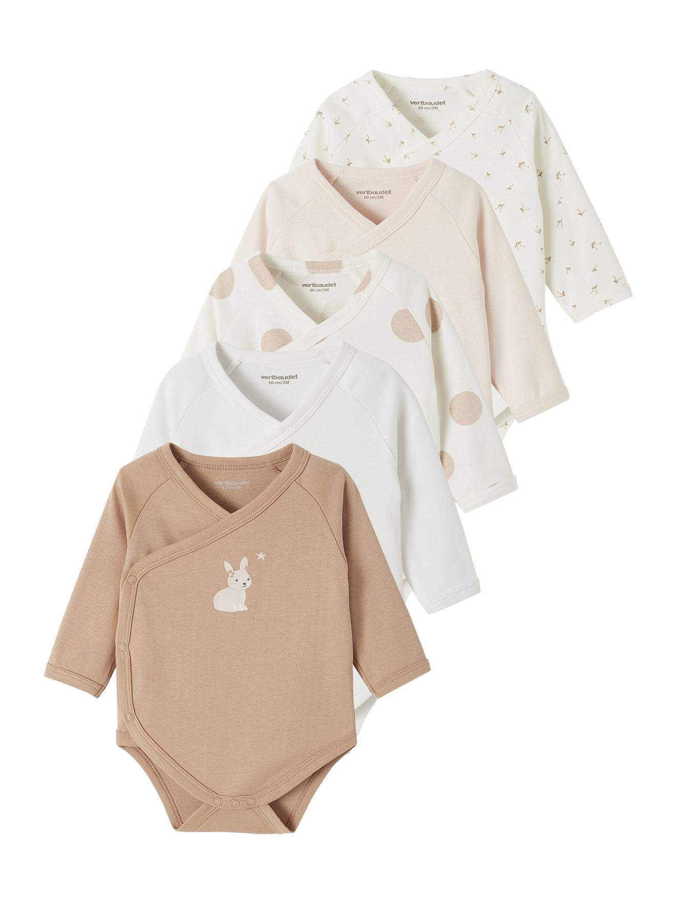 Lot de 5 bodies manches longues ouverture naissance, VERTBAUDET
