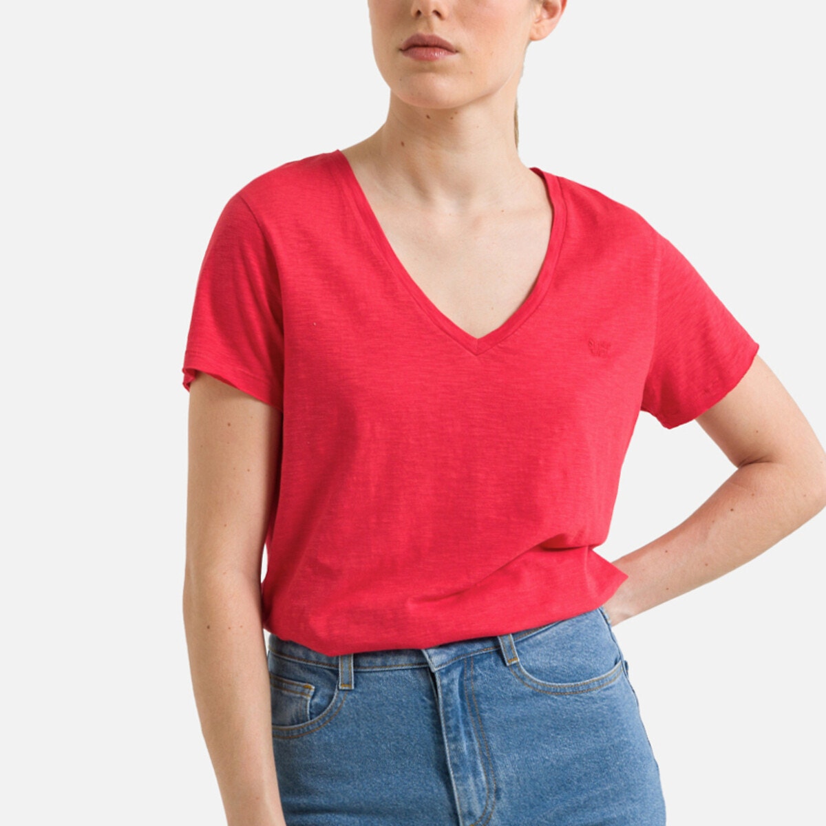 Tee shirt femme rouge col online v