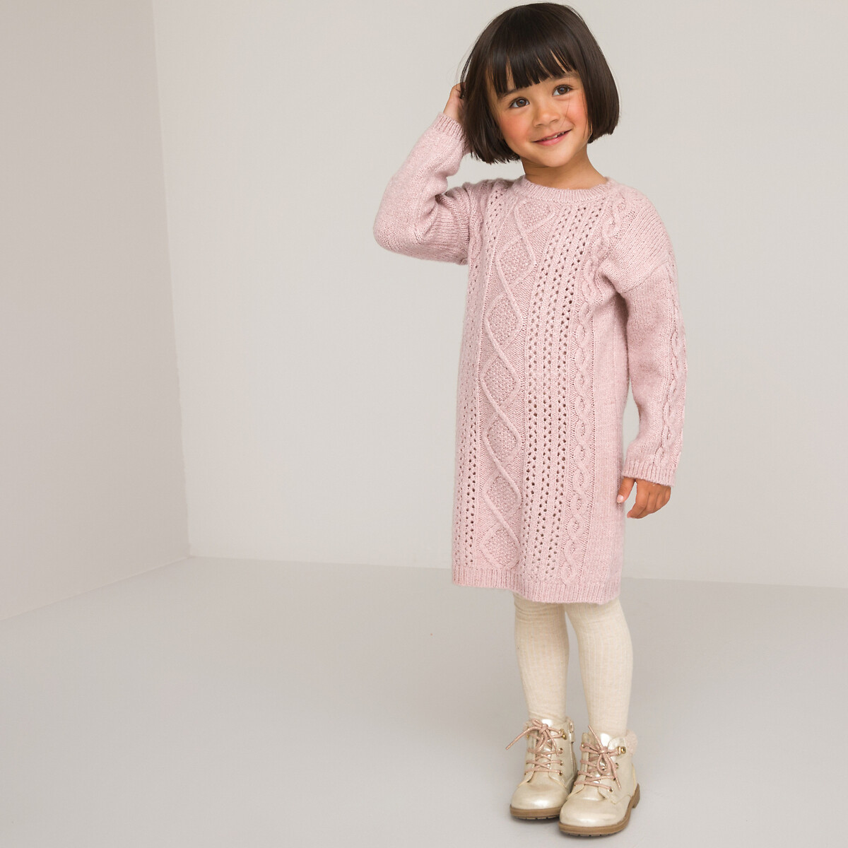 Cable knit jumper sweater dress with long sleeves pink La Redoute Collections La Redoute