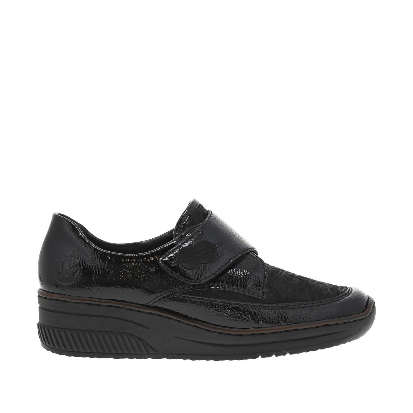 Sneakers noires vernies à talon compensé bas et à bande auto-agrippante, RIEKER