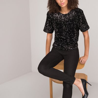 Sequin Crew Neck Blouse with Short Sleeves LA REDOUTE COLLECTIONS