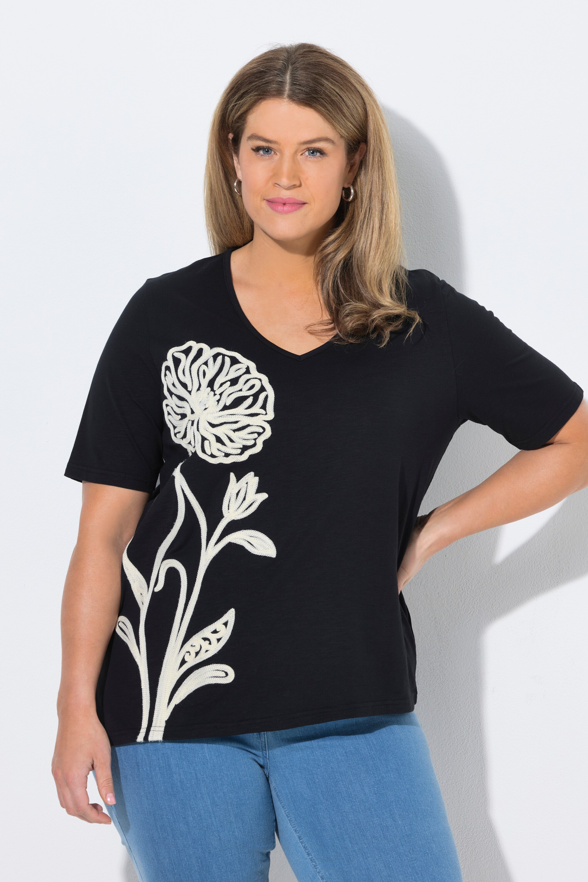 T-shirt long, broderie, manches courtes, ULLA POPKEN