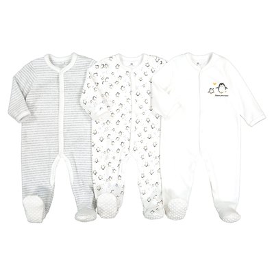 Pack of 3 Velour Sleepsuits in Cotton Mix, Prem-2 Years LA REDOUTE COLLECTIONS