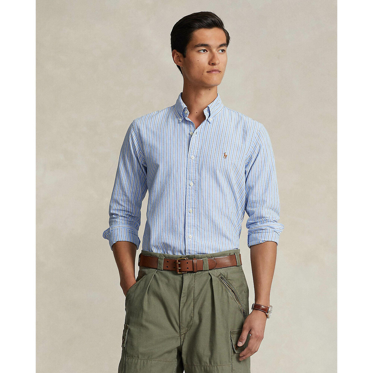 Chemise slim coton stretch - blanc rayé bleu | Tunisie