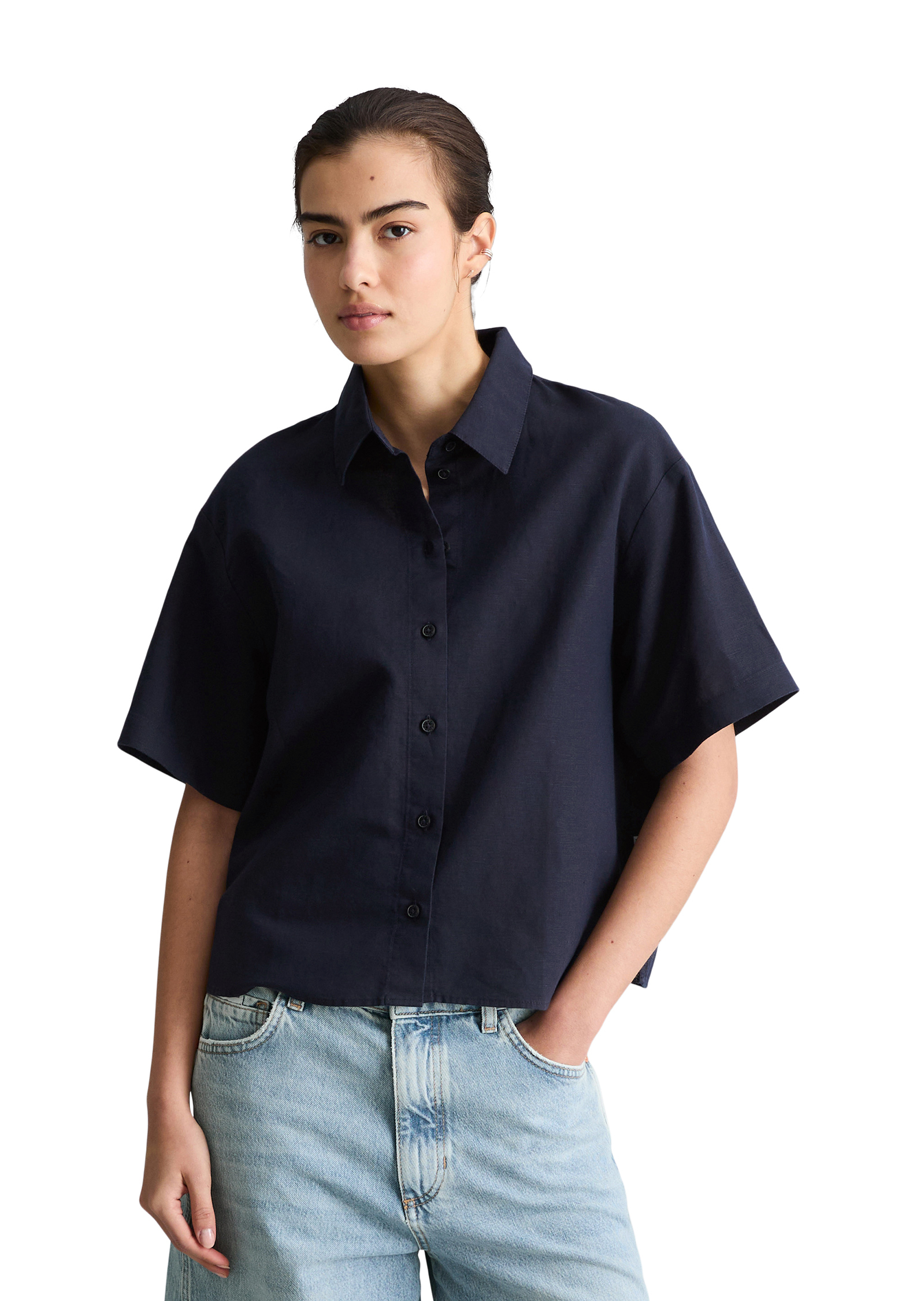 Blouse à manches courtes relaxed en mélange de lin et de coton, MARC O’POLO DENIM