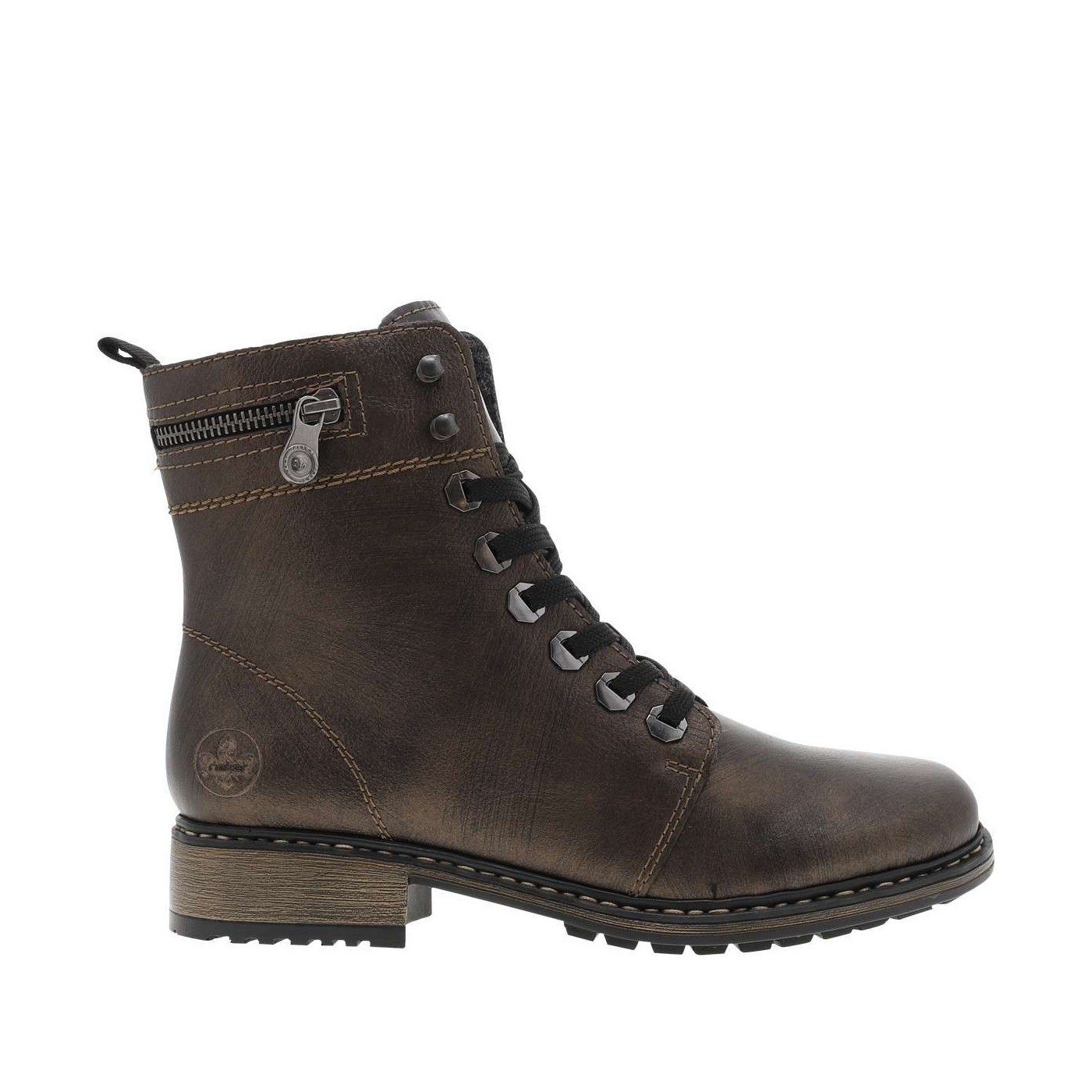 Bottines en cuir enduit bronze à talon décroché bas avec des lacets et un zip, RIEKER