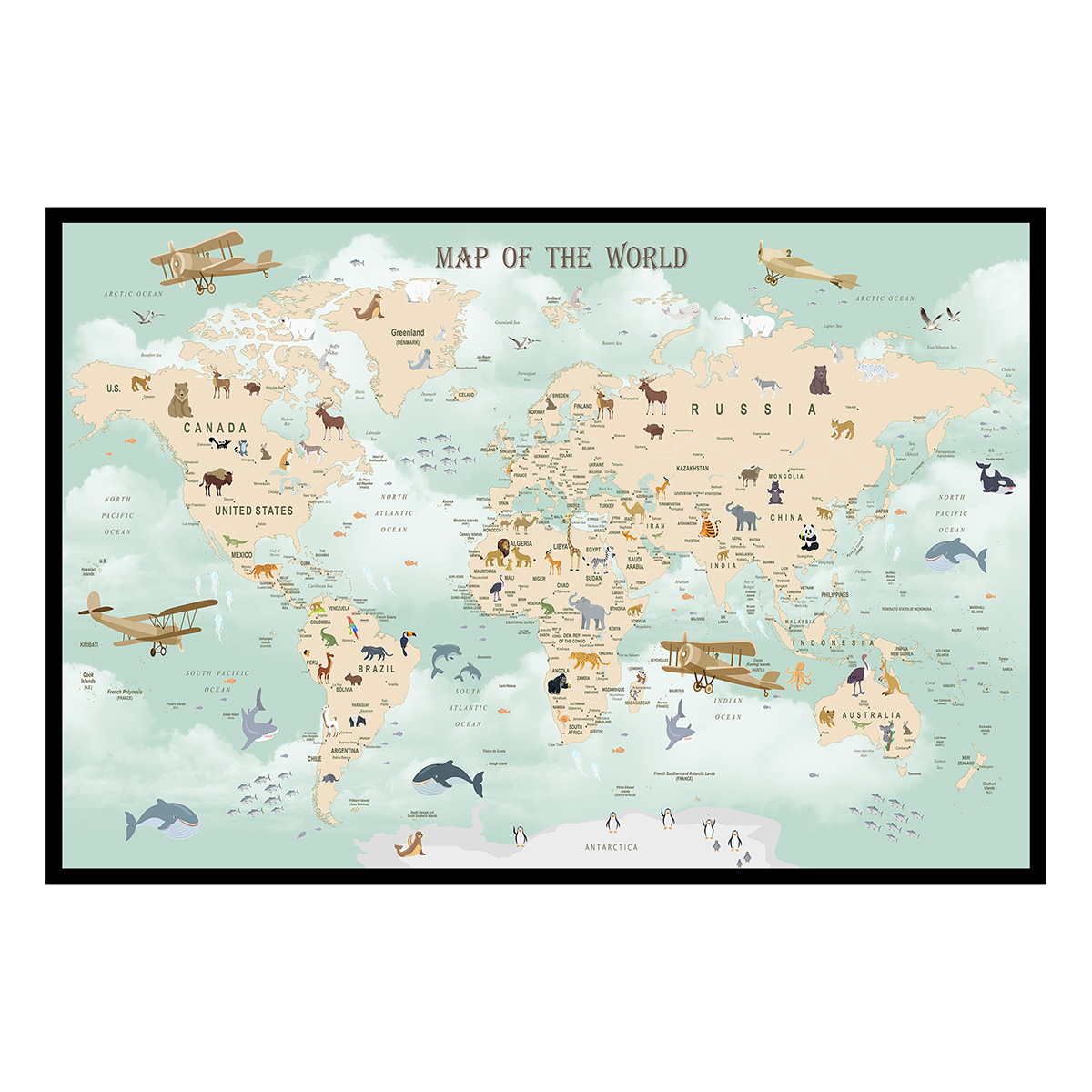 Affiche encadrée carte du monde animaux vintage, HEXOA