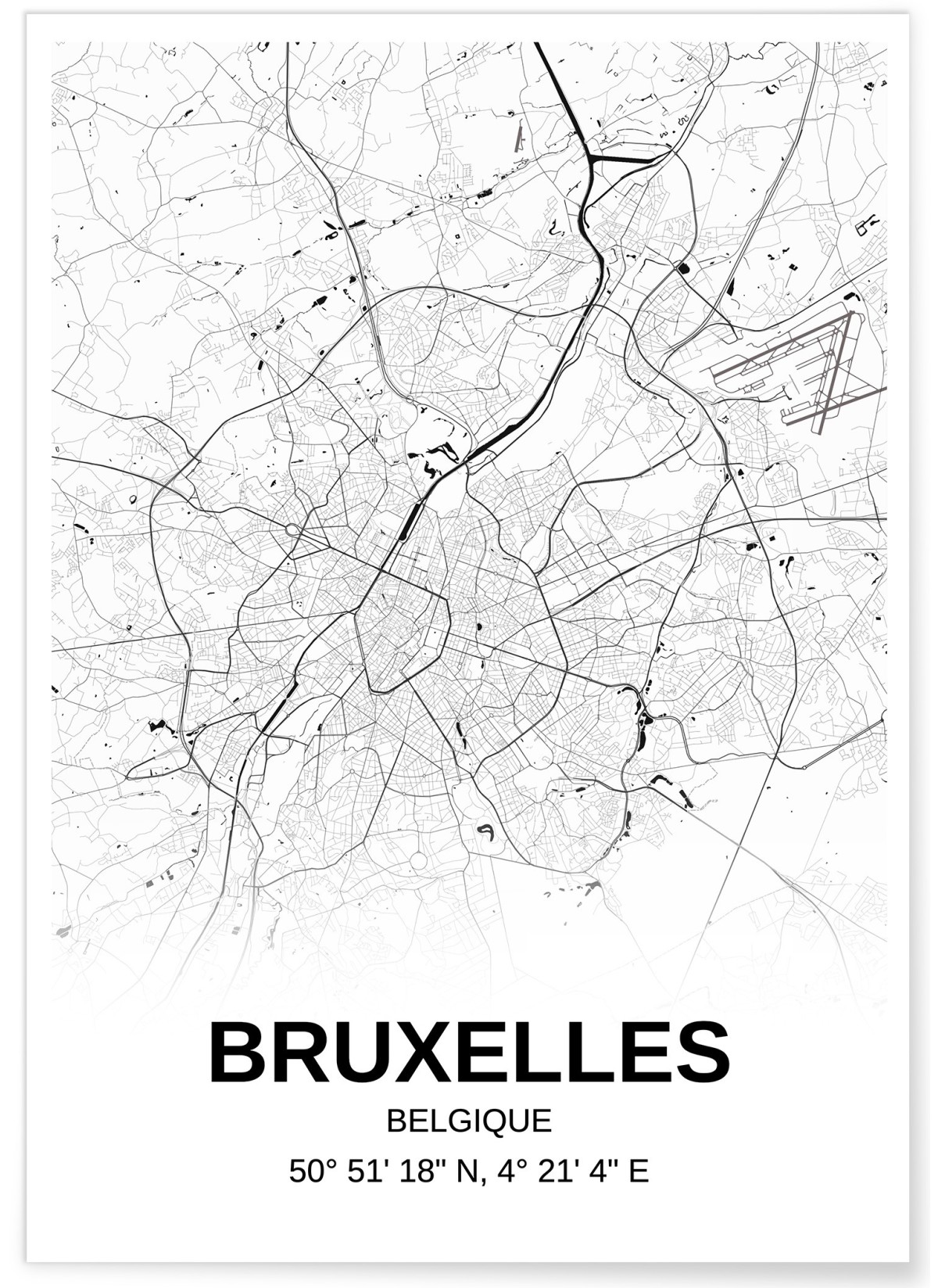 Affiche carte Bruxelles - rectangle Noir et Blanc, L'AFFICHERIE