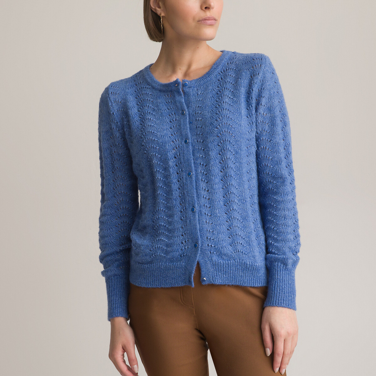 Image of Fine Openwork Knit Cardigan with Crew Neck and Button Fastening