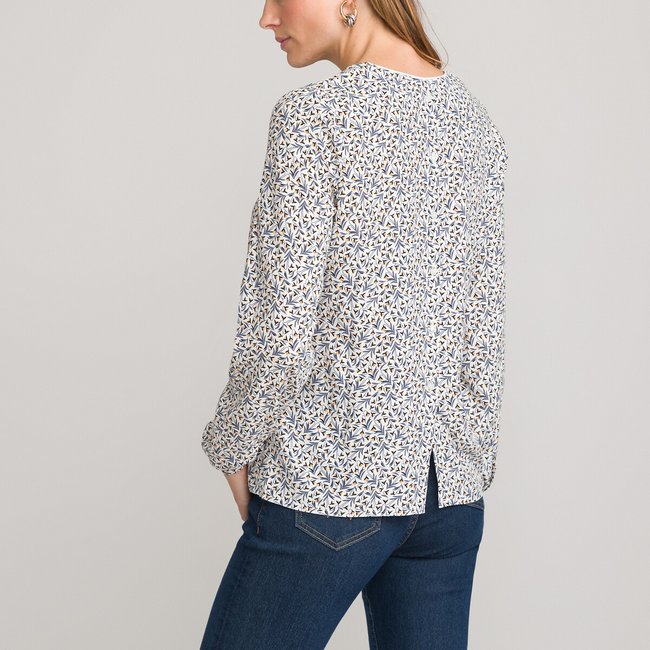 Floral V-Neck Blouse with Long Sleeves, ivory print, ANNE WEYBURN
