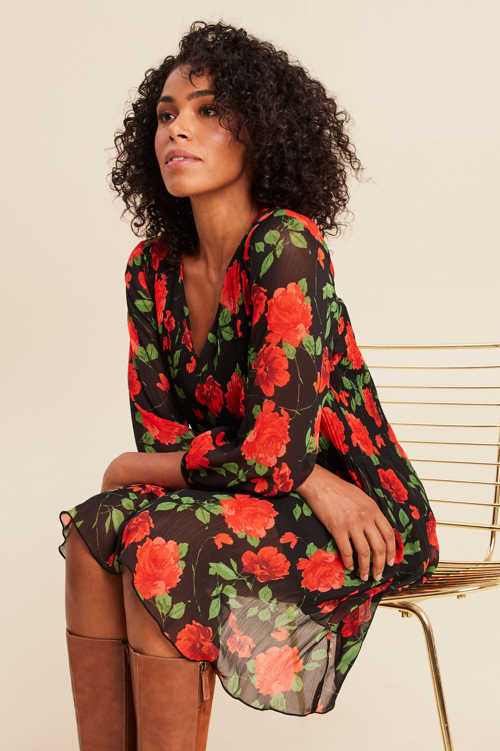 Robe courte évasée plissée manches 3/4, BREAL