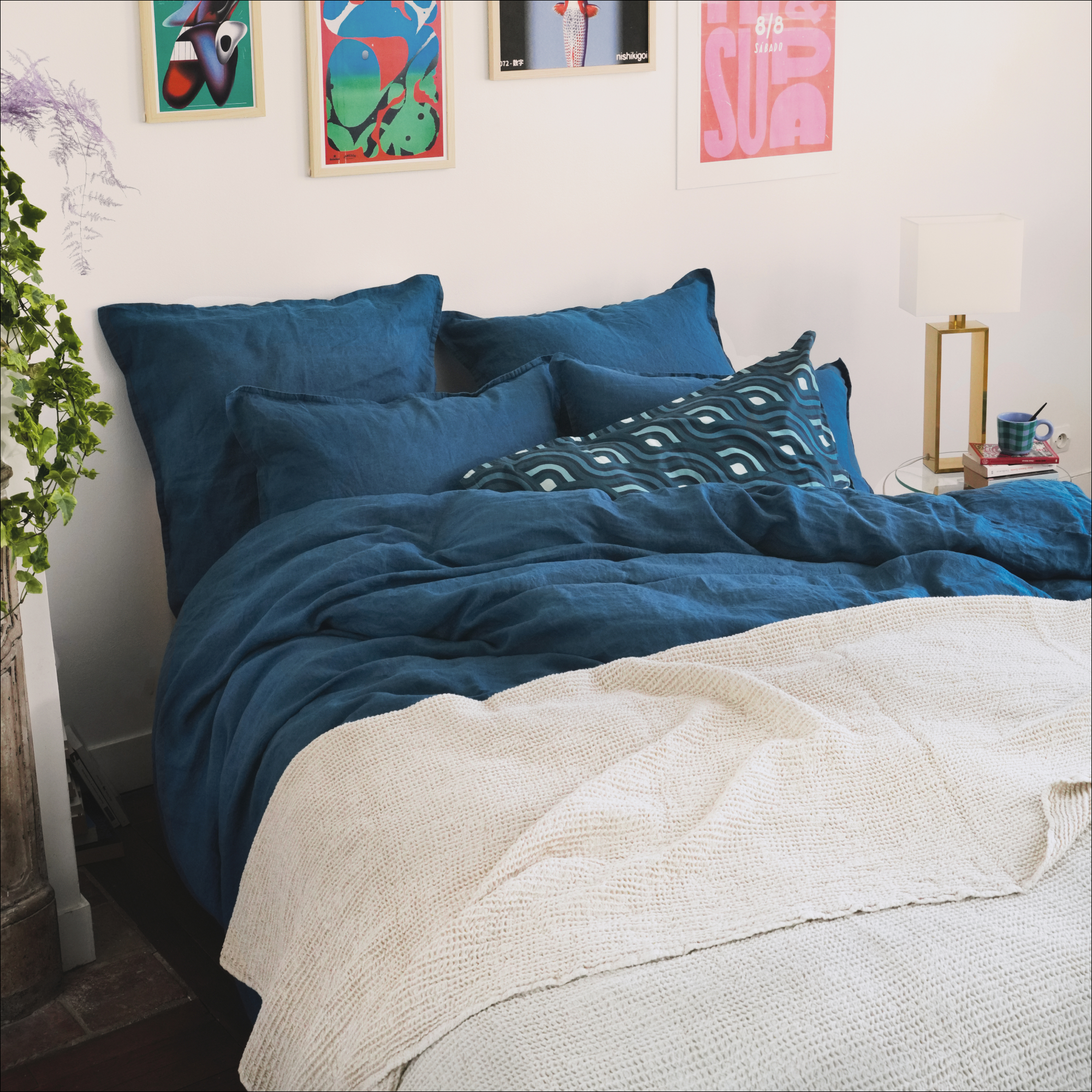 Couvre-lit coton et lin, DECO ESPRIT NID D'ABEILLE, BLANC CERISE