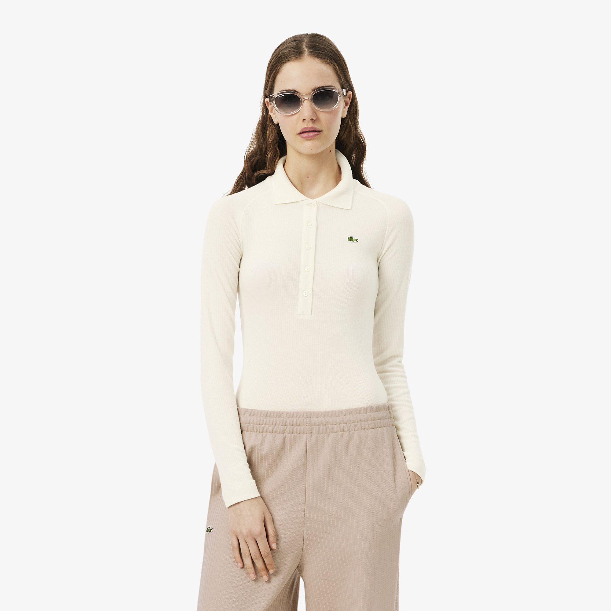 Polo manches longues maille côtelée slim fit, LACOSTE