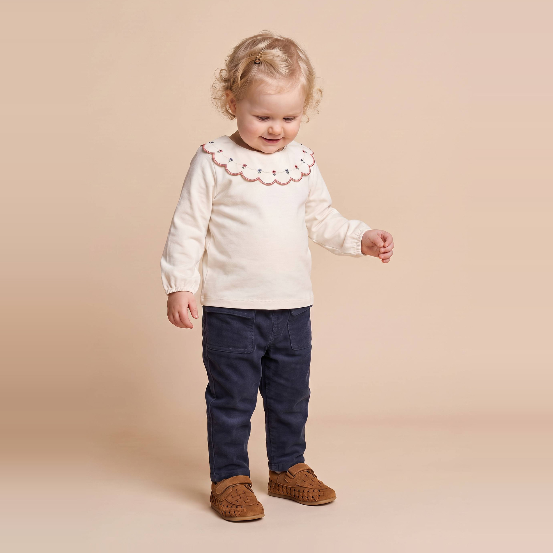 T-shirt manches longues uni à col brodé en coton BIO GOTS, BOUT'CHOU
