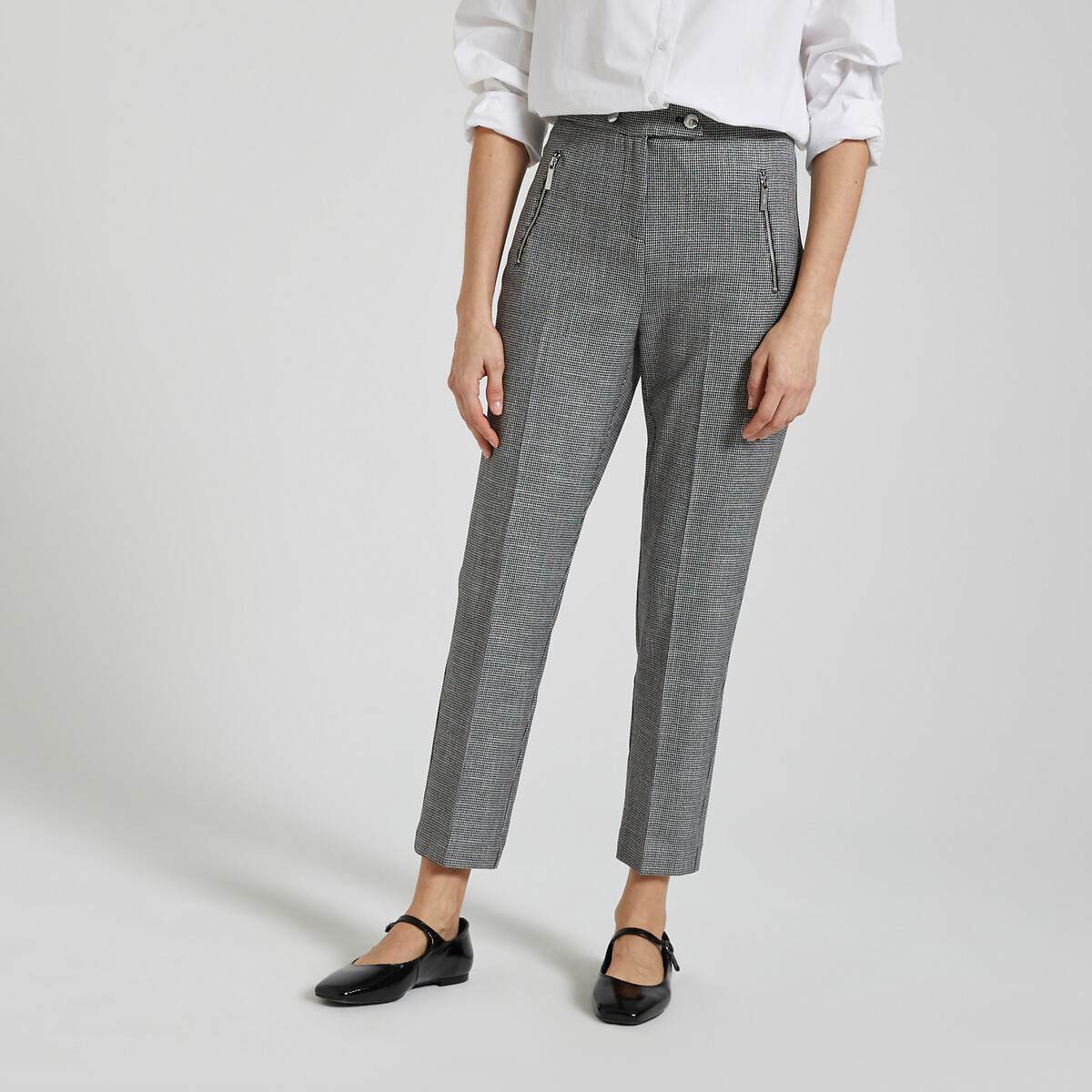 Image of Houndstooth Check Cigarette Trousers with High Waist