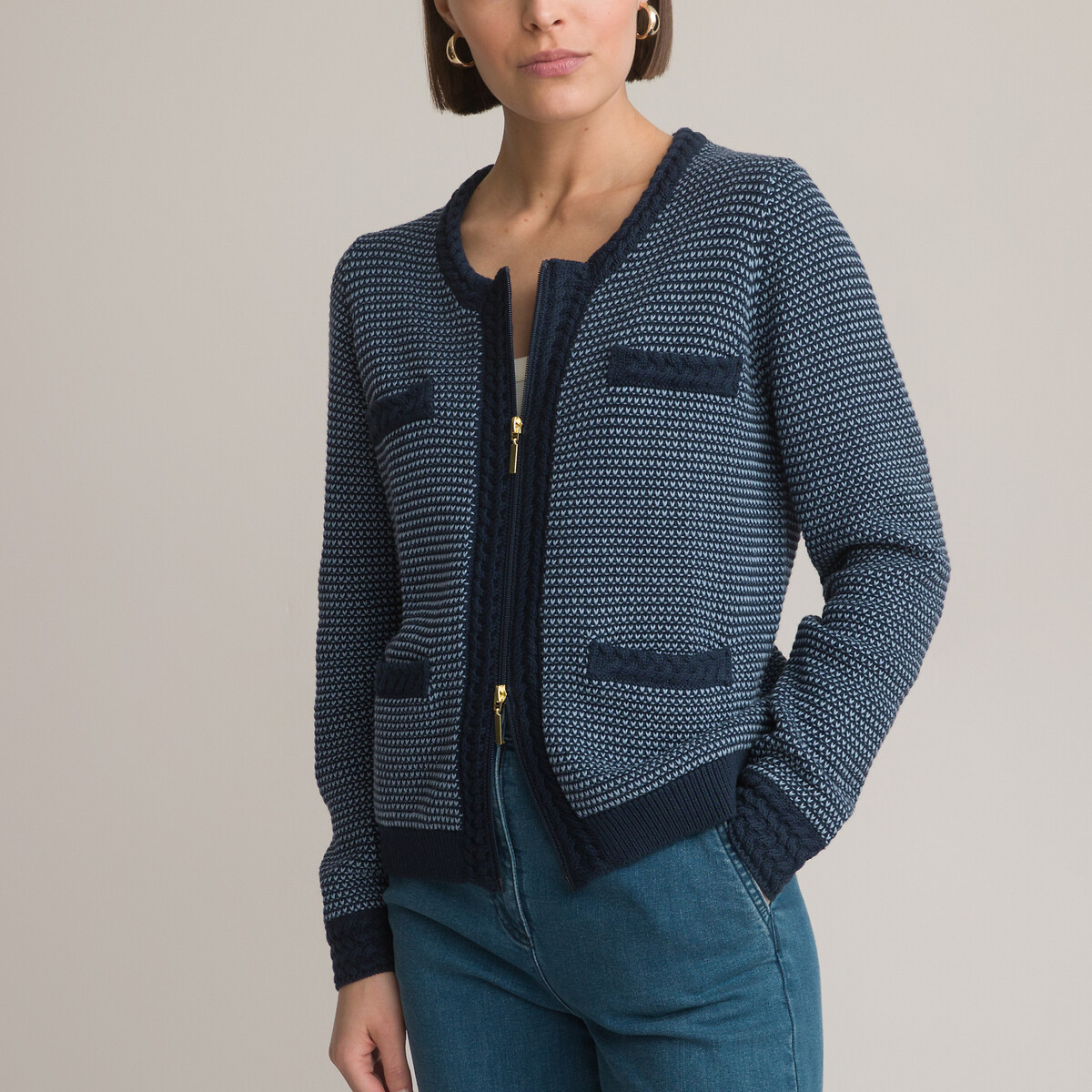 Zip-Up Cardigan in Chunky Cotton Mix Knit with Crew Neck