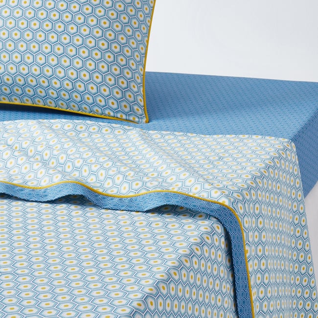 Drap plat coton, Pop Mozaic bleu turquoise/blanc/jaune <span itemprop=
