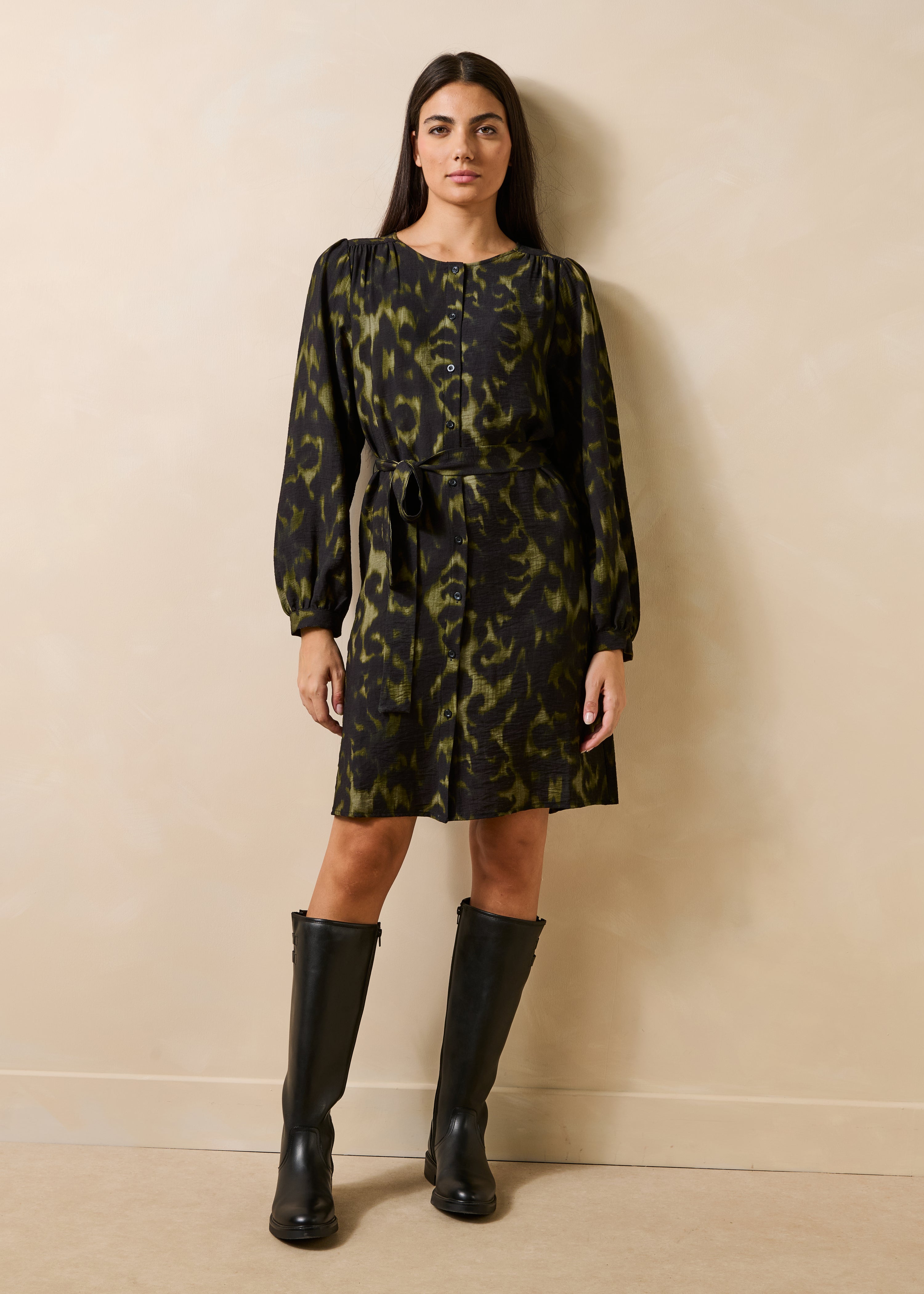 Robe courte boutonnée manches longues imprimée, LA FEE MARABOUTEE