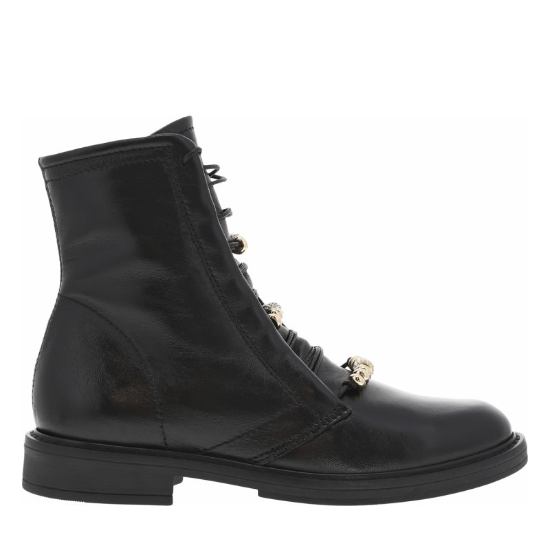 Bottines en cuir noires ornées de perles sur les lacets avec talon décroché bas, MJUS