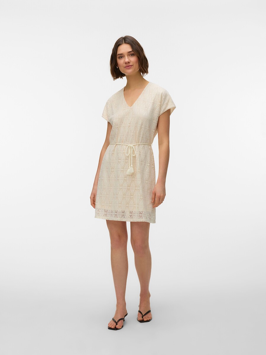 Korte jurk met borduursel, V-hals en ceintuur, VERO MODA