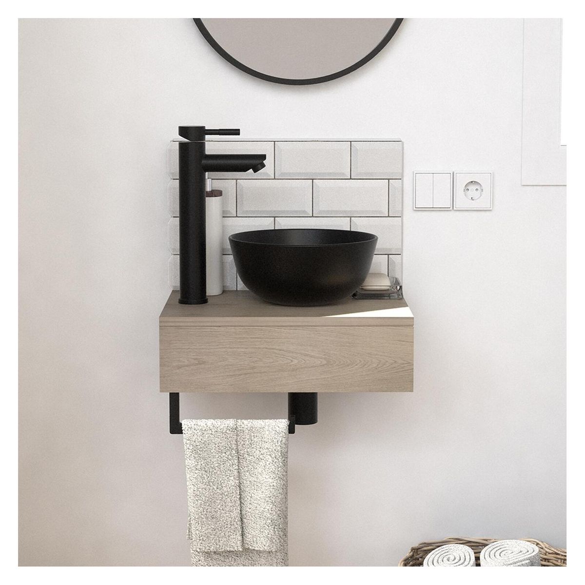 Meuble lave-mains vasque noire WILO avec robinet noir et miroir