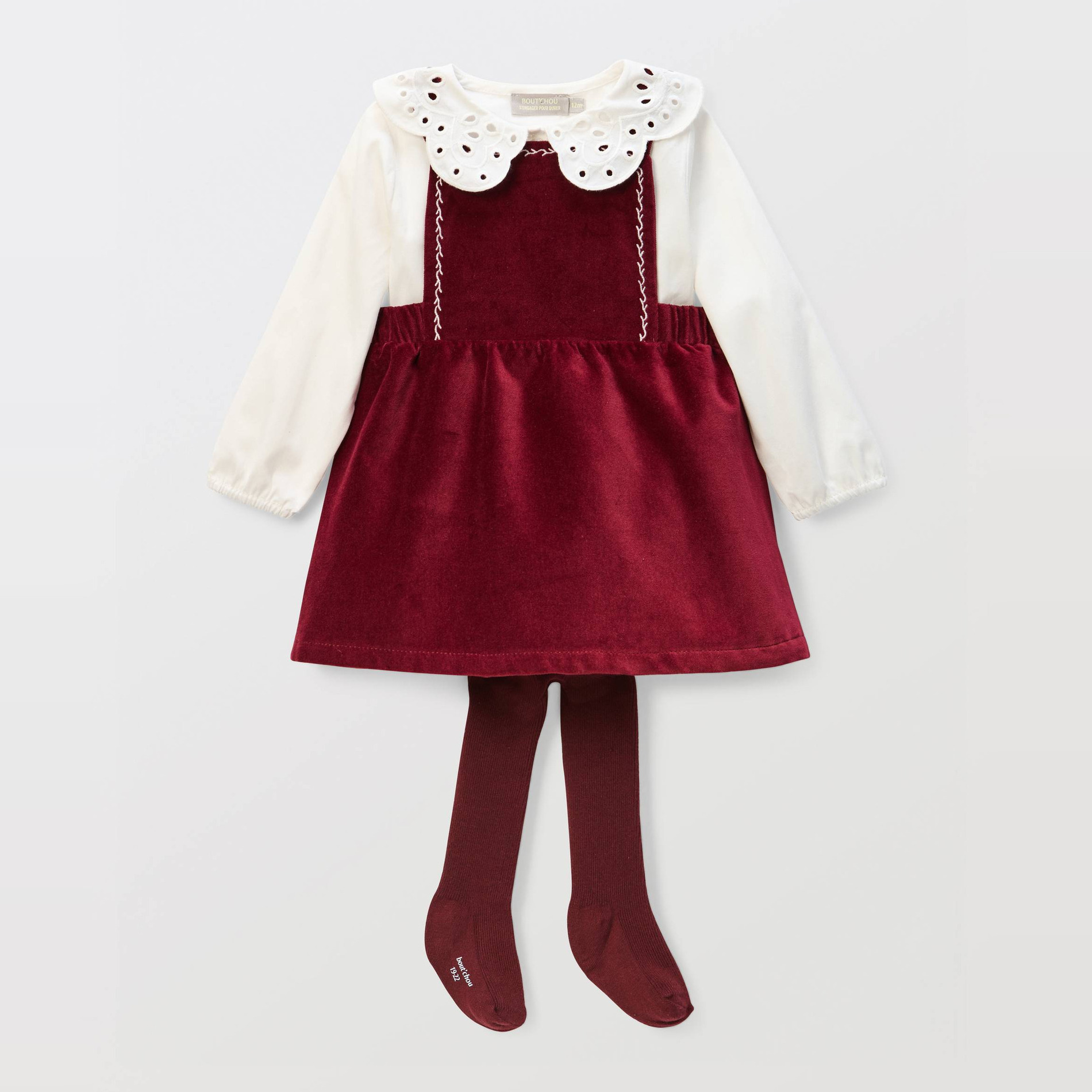Ensemble robe en velours unie et blouse brodée en coton, BOUT'CHOU