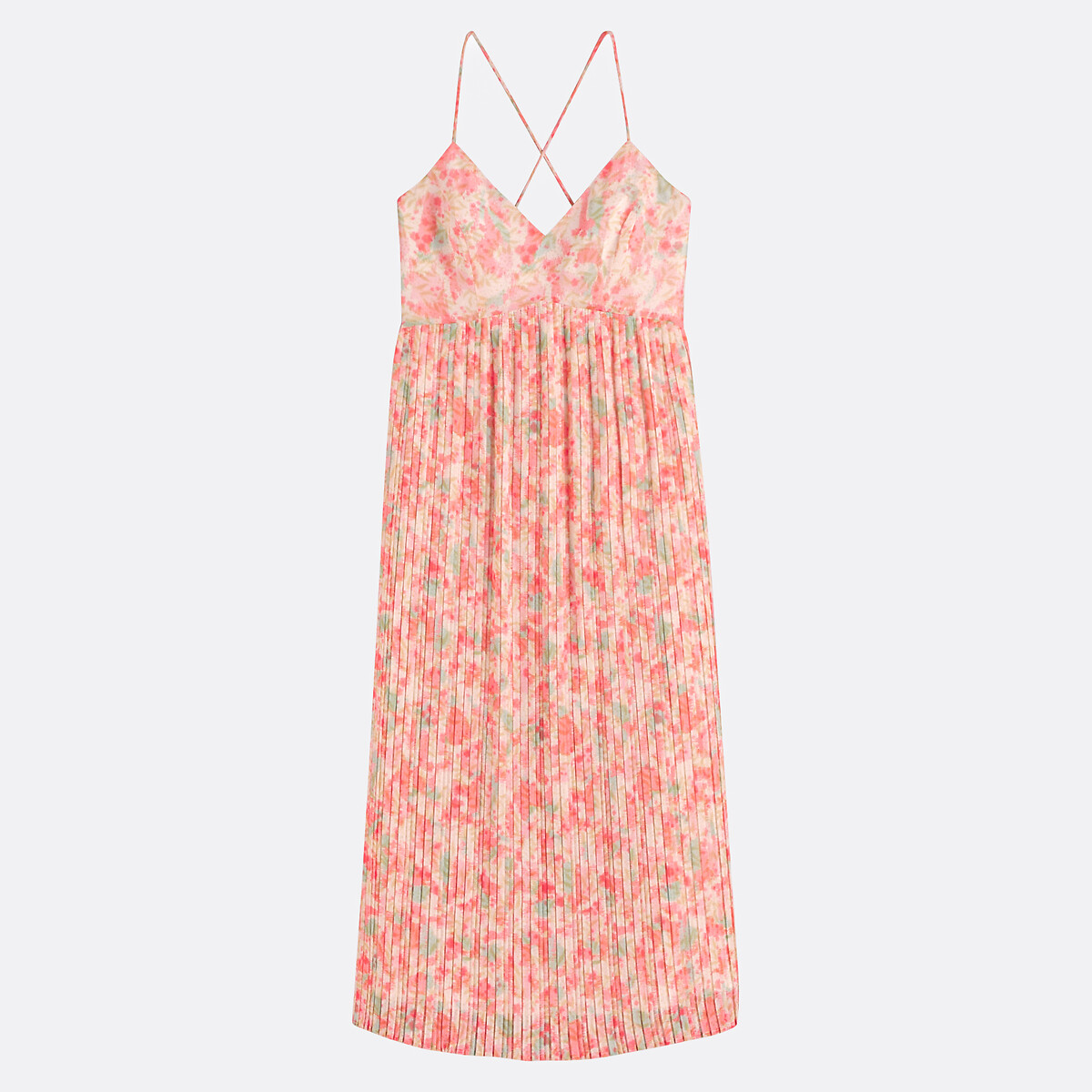 Pleated Maxi Dress with Floral Print and Thin Straps, LA REDOUTE COLLECTIONS