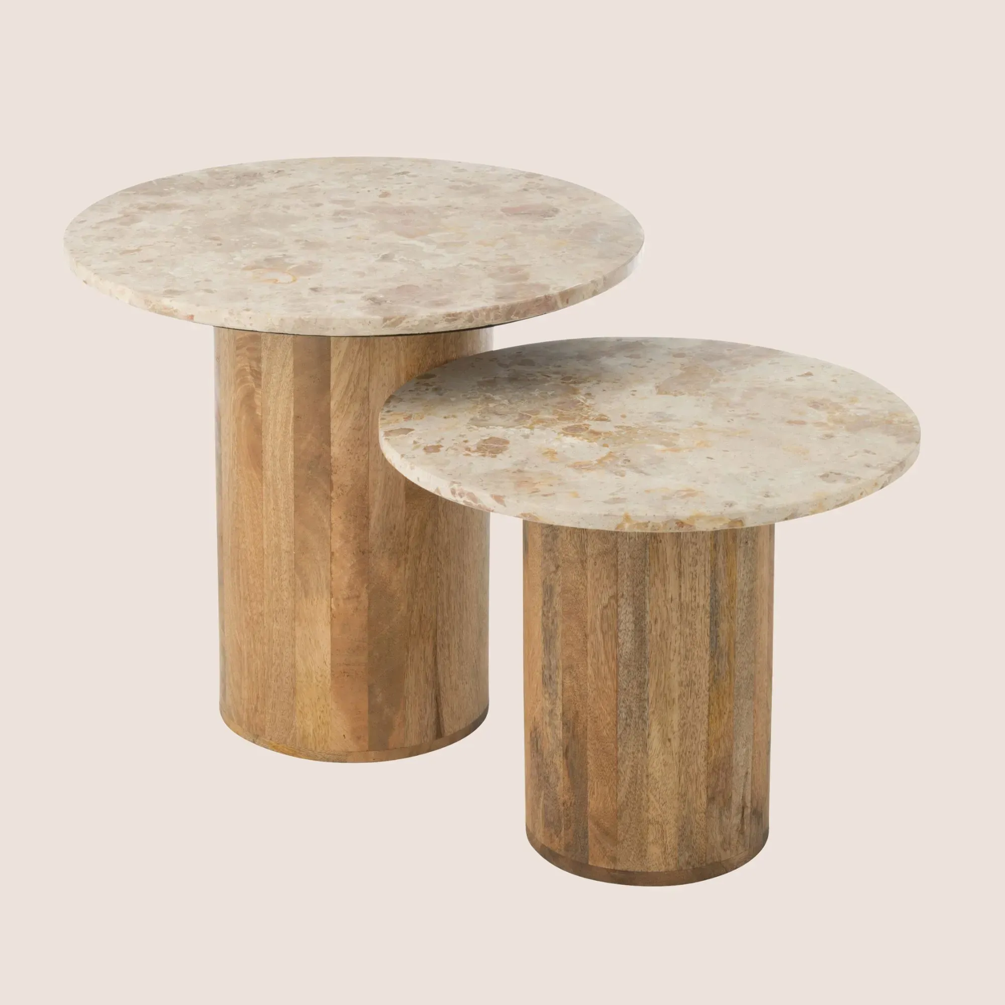 Tables basses en marbre beige et pied bois D56 (set de 2) - ASO, HELLIN, DEPUIS 1862