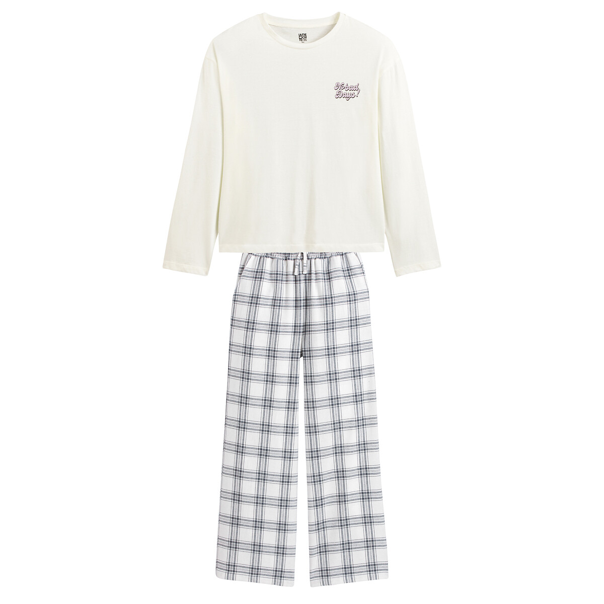 Slogan Print Pyjamas with Checked Bottoms, LA REDOUTE COLLECTIONS