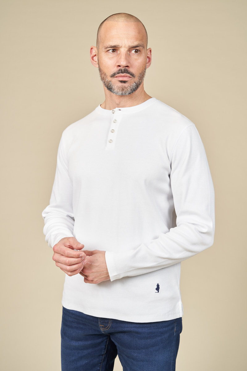 T-shirt uni manche longue col tunisien, MCS