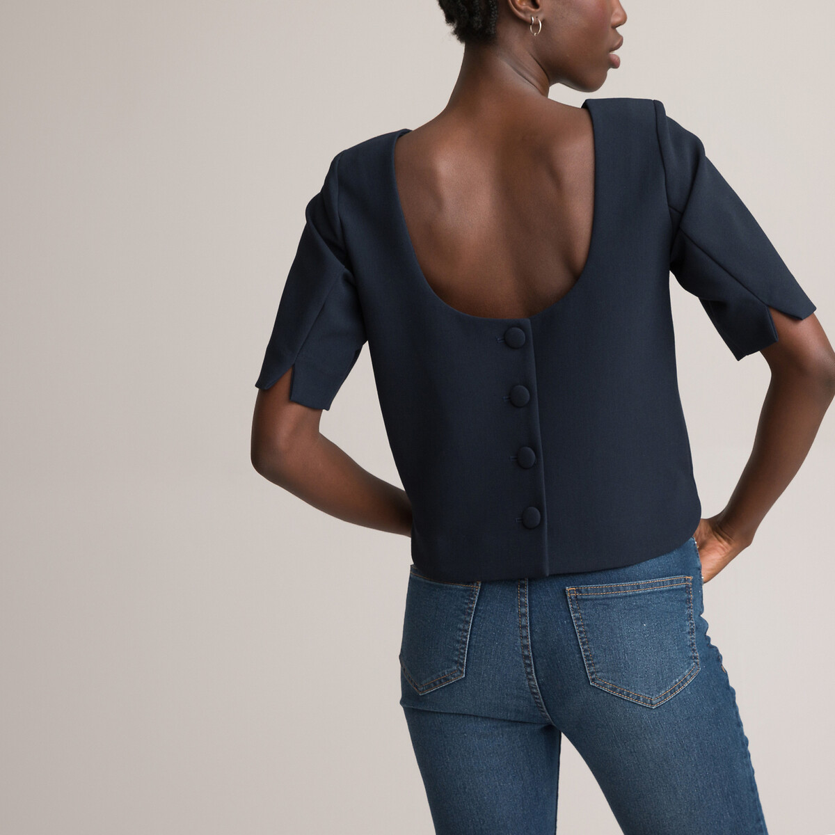 Recycled Crew Neck Blouse with Ballerina Neckline at the Back