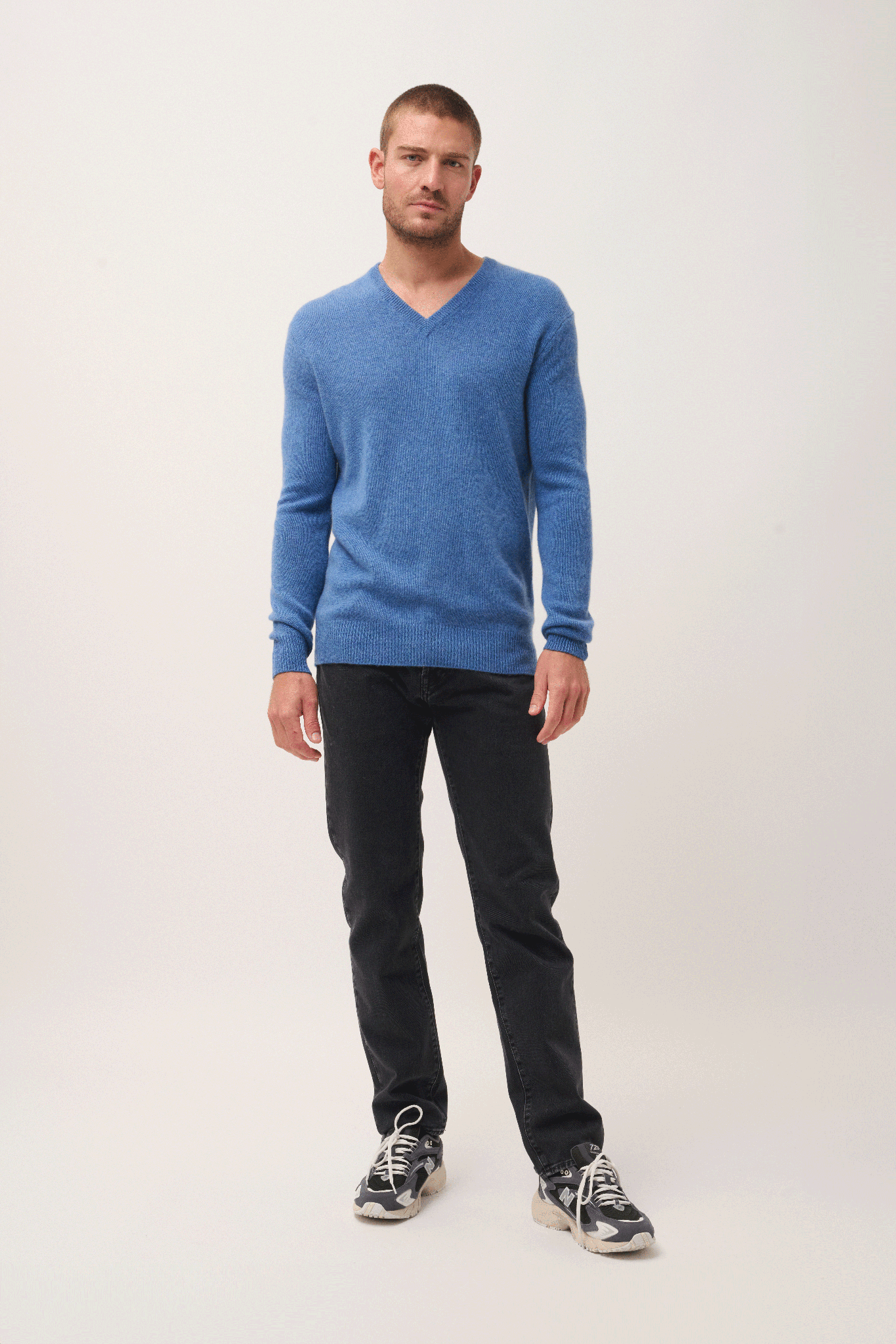Pull Col V 4 Fils Bleu Denim Nathan, JUST CASHMERE